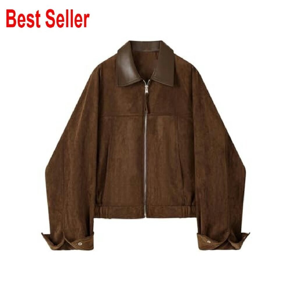 Faux Suede Cropped Jacket Utility Barn Coat Chic Y2K Retro Fall Outwear - Picture 2 of 8